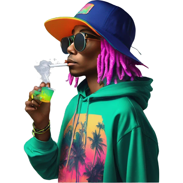 Multicoloured neon person smoking wearing hoodie dancing hip hop bucket hat tropical Skater fashion aesthetic baggy clothes graphic t shirt 420 emoji