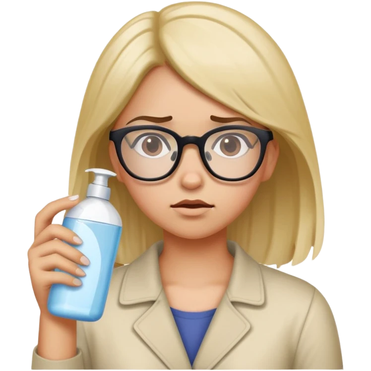 Girl with glasses looking disgusted, holding shampoo bottle away from her, not wanting to wash her hair emoji