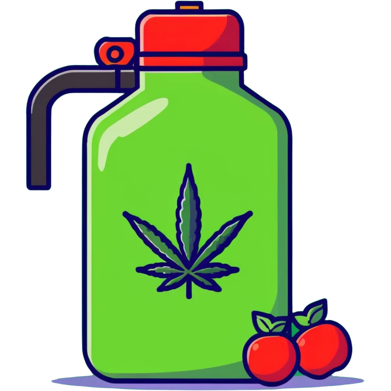 bright red gasoline canister surrounded by a banana, an apple, grapes, and a cannabis leaf, red fuel can with fruits and marijuana leaf arranged around it emoji