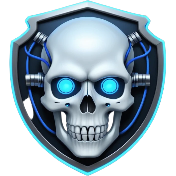 Cyberpunk shield, skull with cybernetic implants, glowing wires, dark electric blue and black tones, no background emoji