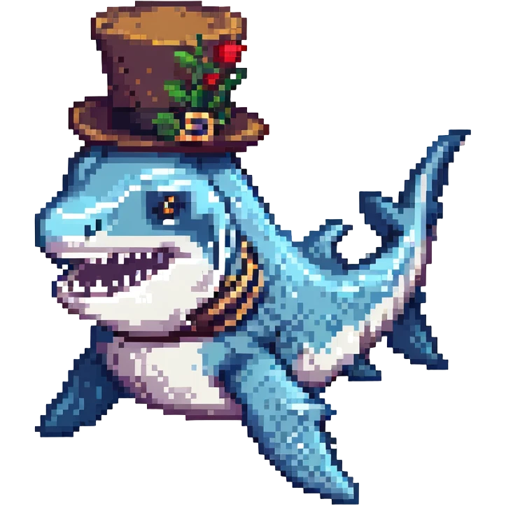 pixel art shark wearing a tophat emoji