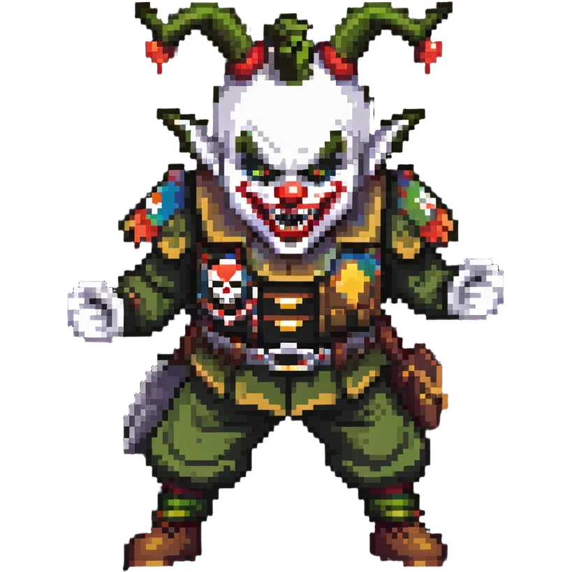 evil clown soldier, bald, short forehead horns, fangs, pointed ears, black and military green clothes, fighting stance emoji