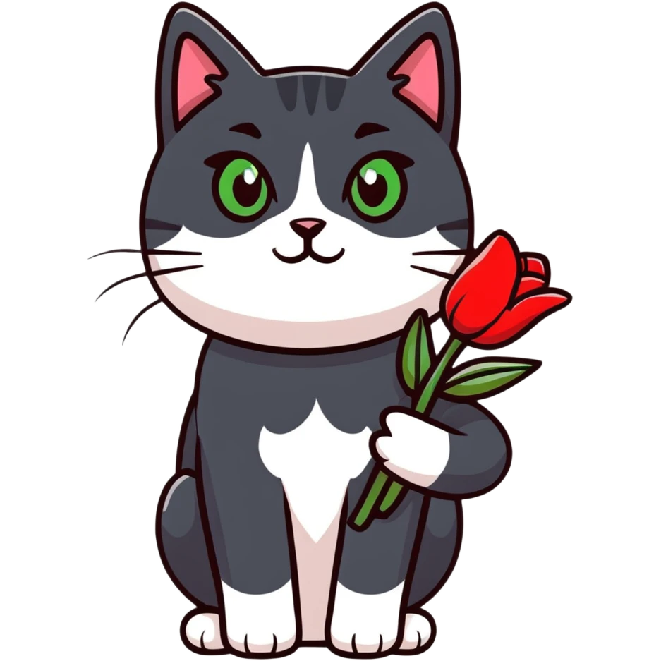 tricolor fluffy cat with big green eyes holding red tulips in her arms emoji