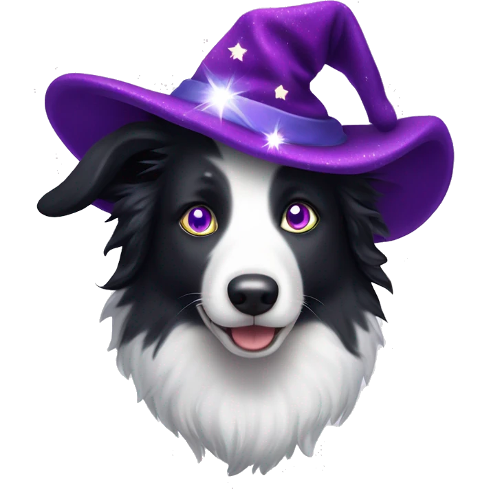 Border Collie with rainbow-coloured eyes wearing a purple velvet wizard hat covered with tiny, sparkling, silver stars. emoji