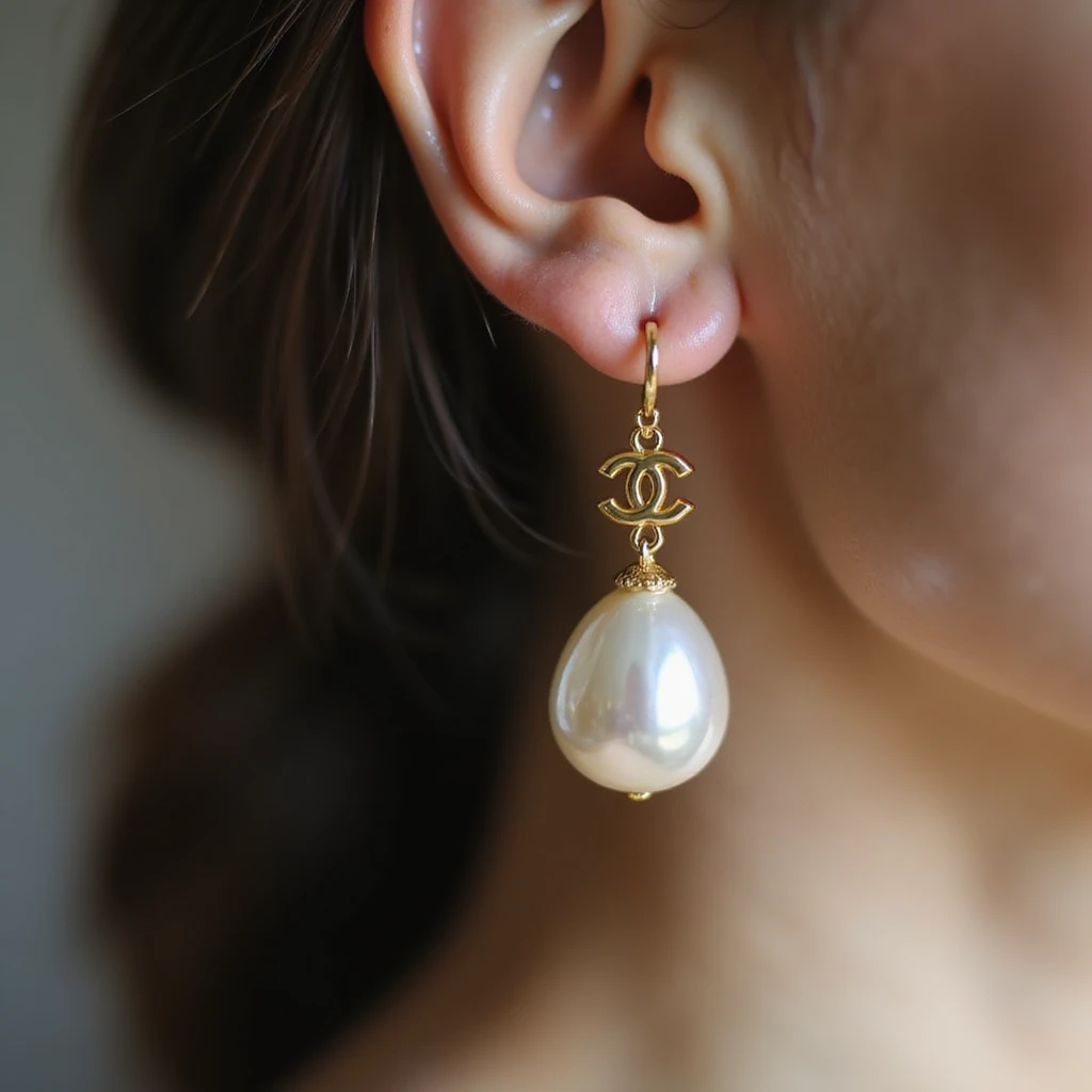 photorealistic pearl drop earrings with a small gold Chanel logo charm, elegant emoji