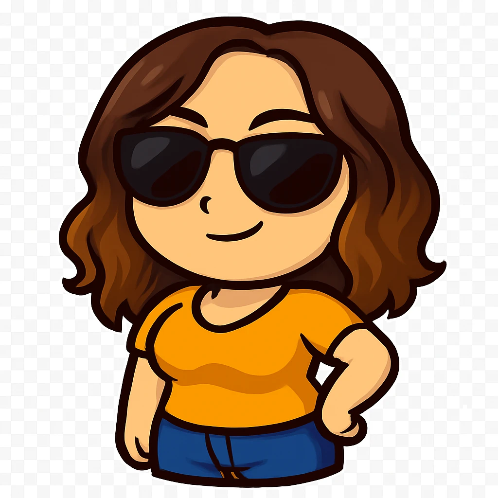 Sticker style chibi emote, matching the attached green heart emote as a base, but with a slightly skinnier body and a bigger chest. Woman from reference, yellow blouse and blue jeans, sunglasses/cool, cute confident face, no headband, no wand, no green heart, transparent background. Top color should not match jeans. emoji