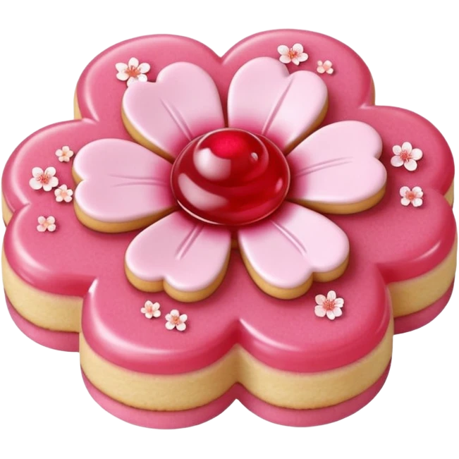 Realistic shortbread cookie in the shape of a cherry blossom with pale pink color jelly middle filling and sprinkled powder sugar on top. emoji