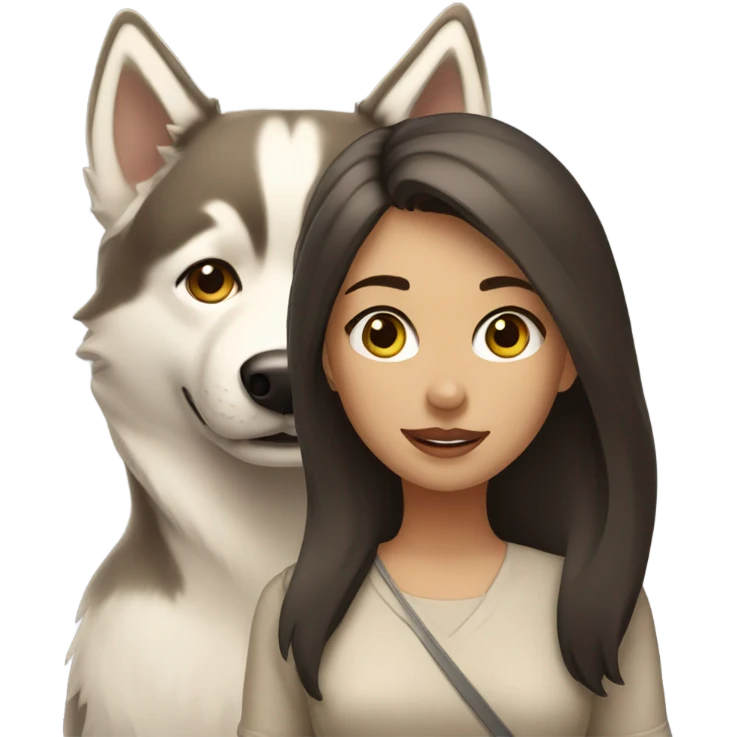 A brunette girl next to a beige Husky emoji
