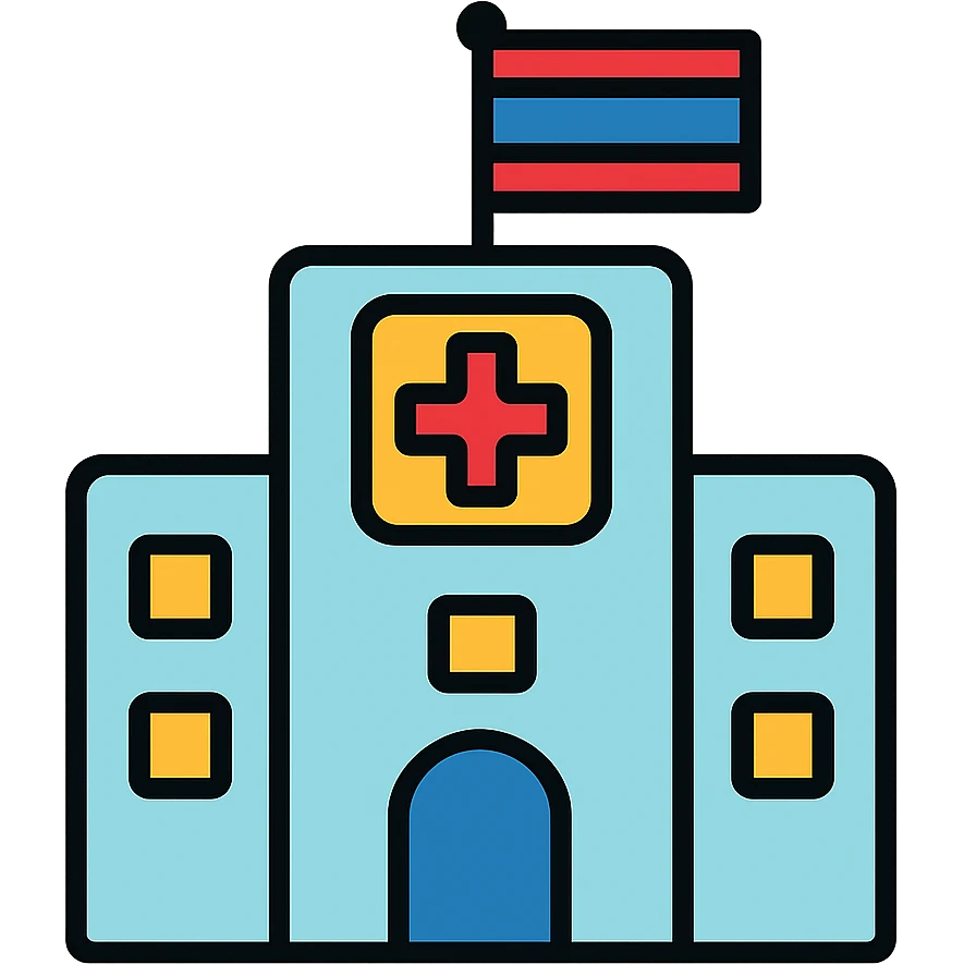 Hospital building with Thai flag prominently displayed, red cross medical symbol, colored outlines emoji