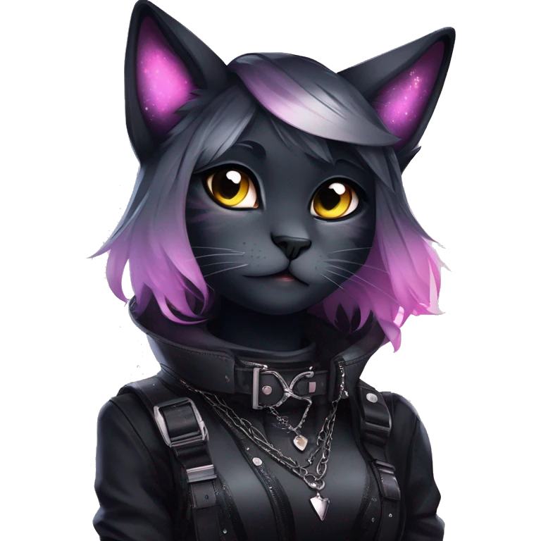 Gorgeous sparkly legendary gradient gothic dark techwear anime style anthro cat with blushing face aesthetic and pretty edgy black with collar and harness trending style emoji