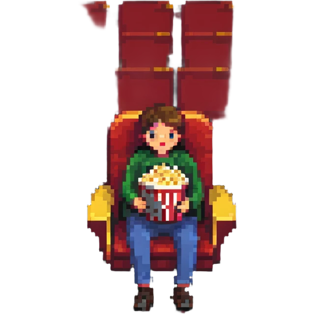 Pixel art person sitting in movie theater chair with popcorn bucket, watching big screen emoji