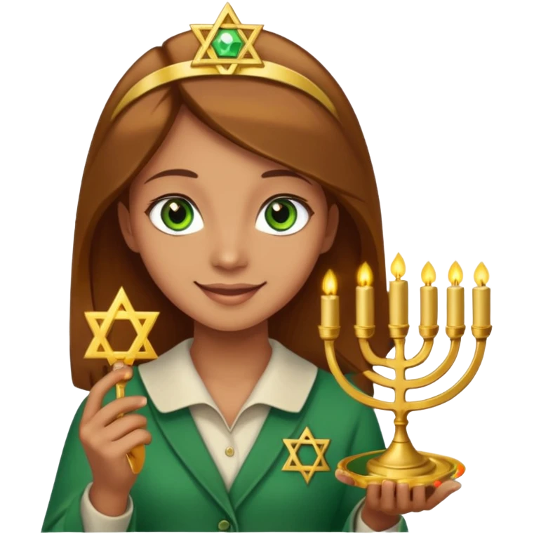 White but tan person with lightish brown hair girl has green eyes and holding the Star of David and a menorah looking at it smiliing emoji