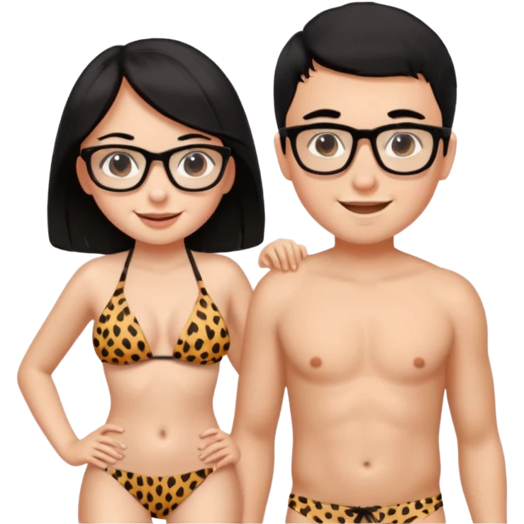 black haired girl with big boobs wearing a cheetah print bikini standing with a boy with black hair wearing glasses and shirt less emoji