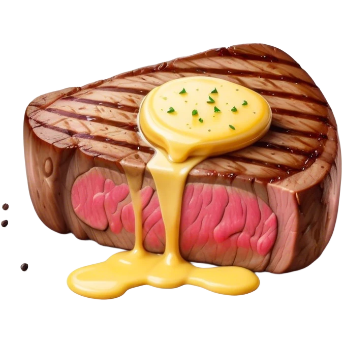 Cinematic thick-cut steak, perfectly seared with grill marks, a juicy pink center, butter melting on top, rich and savory, warm glow, sizzling and mouthwatering, highly detailed and appetizing. emoji