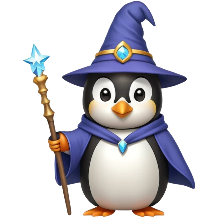 penguin wearing a wizard hat and robe, holding a magic wand emoji