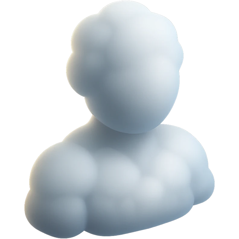 person made entirely of white fluffy convex clouds, shoulder up, front view, matte glass style emoji