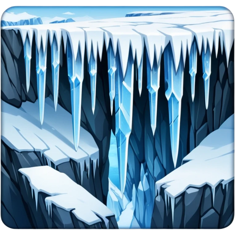 A stunning winter scene showing long, sharp icicles hanging from a frozen cliff or ledge, glistening in bright daylight. The surface is covered in snow and ice, with a cold blue and white color palette, highly detailed, realistic lighting, and frosty atmosphere. emoji