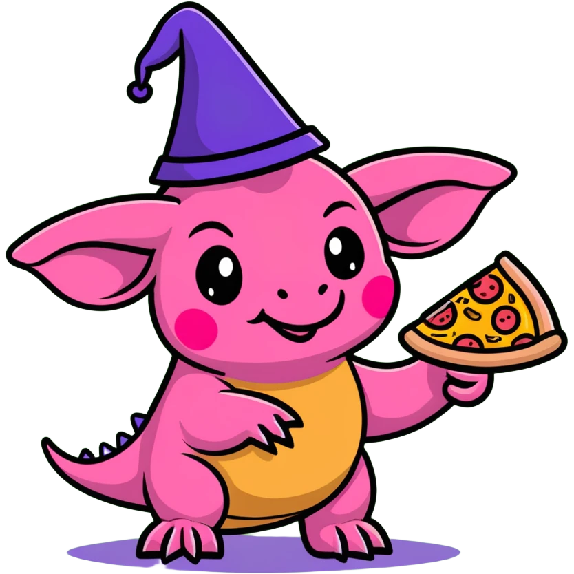 pink triceratops with a wizard hat holding a pepperoni sausage pizza slice emoji