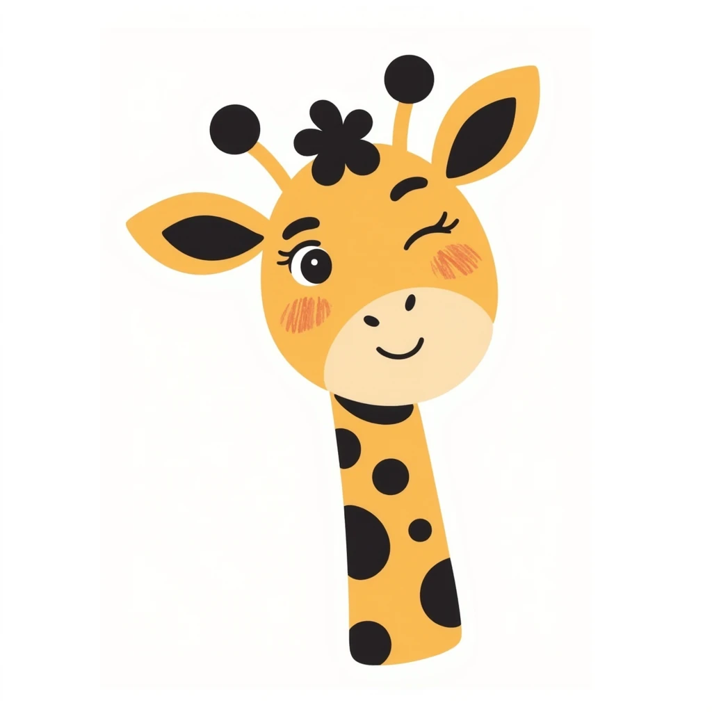 An adorable cartoon giraffe face with one eye slightly closed in a wink, a big cheerful smile, and a tiny raised hoof waving hello. Rosy cheeks, sparkles in the eyes, and a warm yellow-brown palette. The expression should feel inviting, like a happy 'Hi chat!' Perfect for greetings emoji