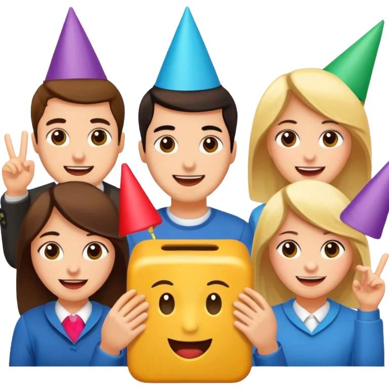 Party quiz with happy people no phone writing blocks empty eyes emoji