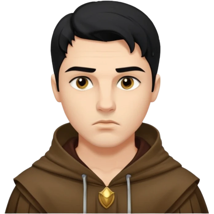 A handsome man with fair complexion. masculine, roman, slightly crooked nose. Thick triangular eyebrows. Hooded eyes and black pupils.  pouty lips with a heavy top lid.  thick black hair  80/20 part with an undercut.  emoji