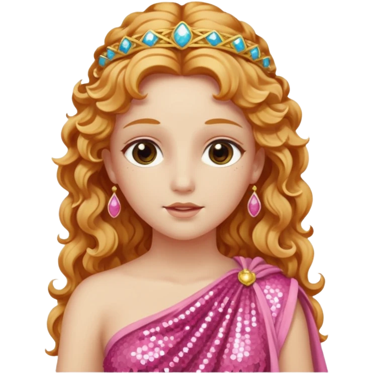 Venus, Goddess of Love from Roman Deities with long strawberry blonde wavy hair, pink sequin toga emoji