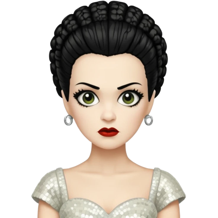 Bride of Frankenstein with black hair, ivory sequin outfit emoji