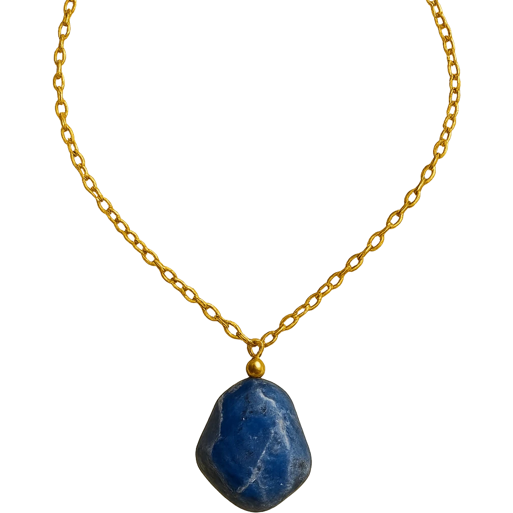 delicate gold chain necklace with an irregular polished deep blue stone, natural white and gray marbled patterns, asymmetrical shape, small metallic bead, raw yet refined earthy elegance emoji
