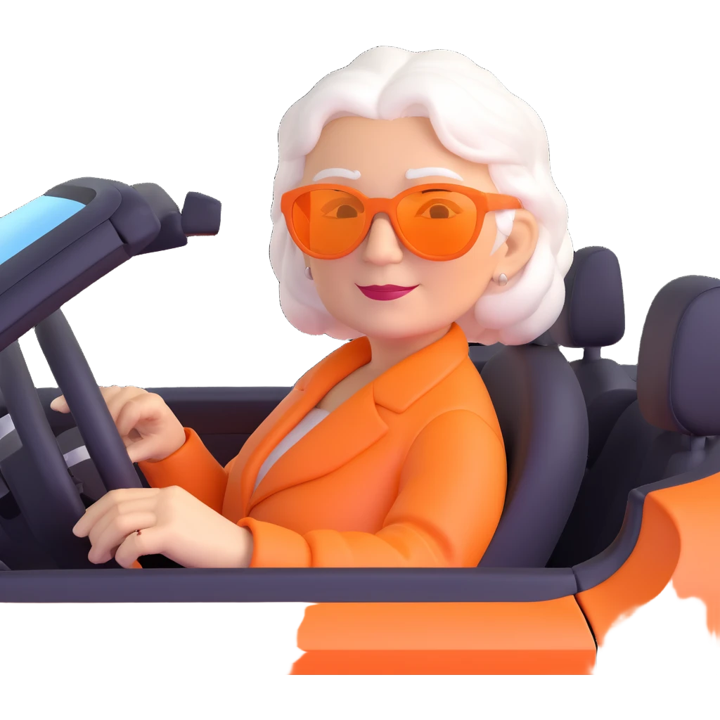 Add stylish sunglasses to the old lady with white hair in the driver's seat of the orange sports car. Keep the 3D emoji style, realistic look, and no background. emoji