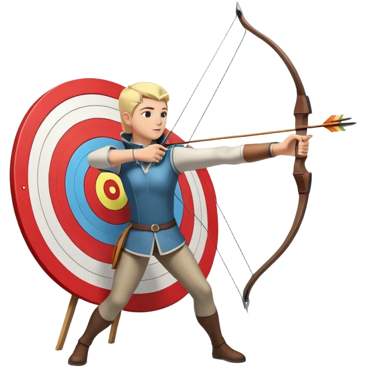 An archer drawing a bow and aiming an arrow at a target, with perfect focus and precision. The target is visible in the background, featuring concentric rings. The scene captures the concentration and skill involved in archery, emphasizing the elegance and accuracy of the sport. emoji