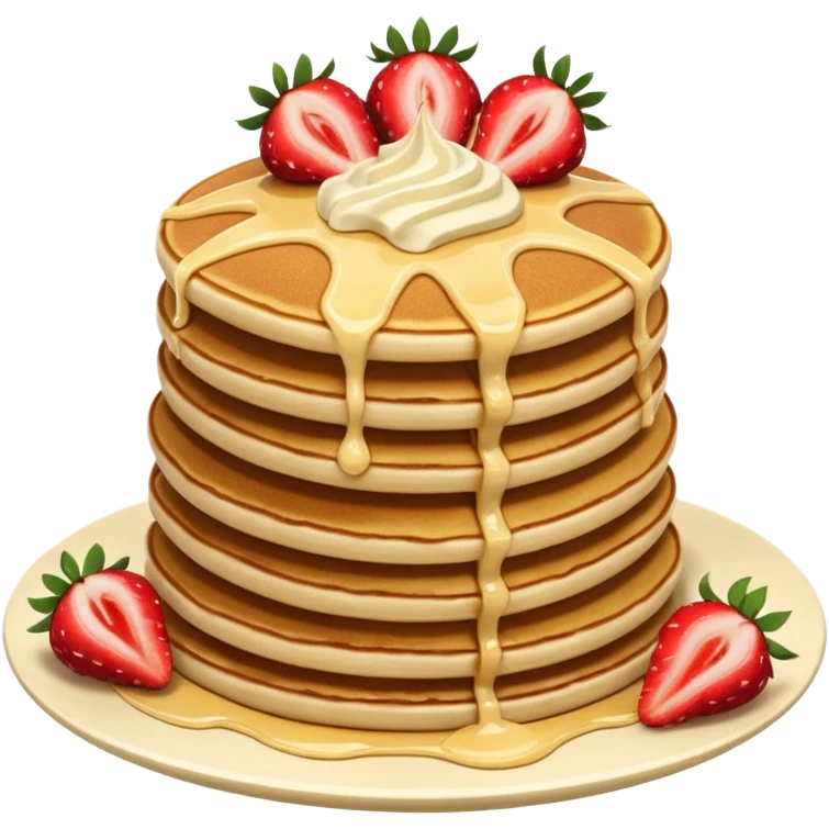 a stack of 3 pancakes with melted white chocolate and strawberries on the top pancake  emoji