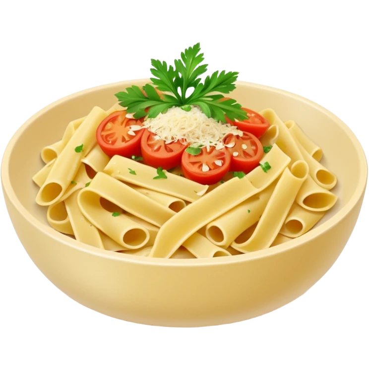 garlic butter pasta in a bowl with seasoning of parsley leaves and a bit of parmesan cheese and light tomato sauce emoji