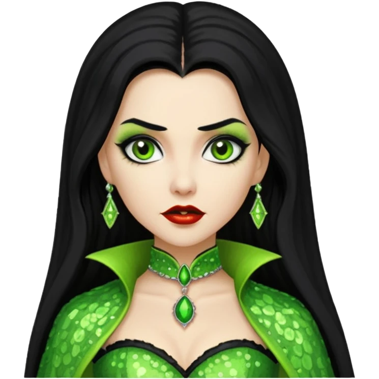 Verona, Bride of Dracula from Van Helsing with long black hair, lime green sequin outfit emoji