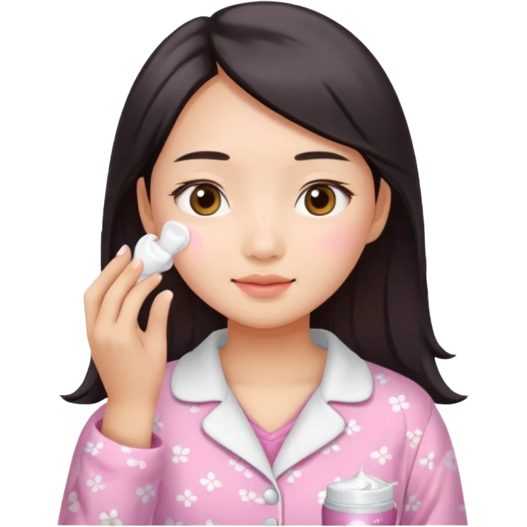 angelic asian girl doing skin care in pink pajamas, applying cream to her face emoji