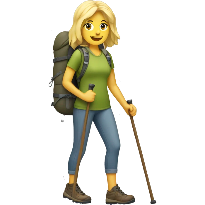 Blond haired woman hiking full body with hiking sticks emoji