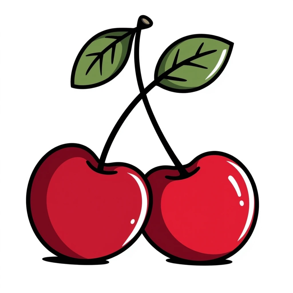 Hand-drawn pair of crimson red cherries with stem and leaves emoji