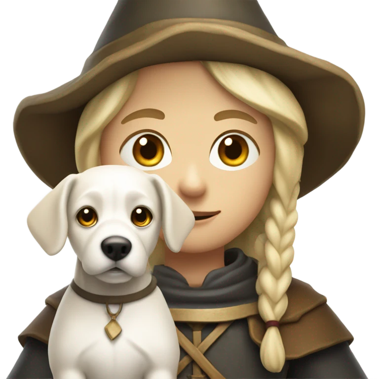 young medieval pilgrim with hat and blond hair and white little dog emoji