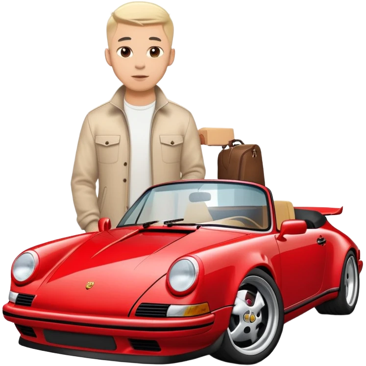 one entrepreneur with a mid fade hair style standing near his Porsche 911. the body of the guy is fully visible. the car is red and is the latest model of 911 emoji