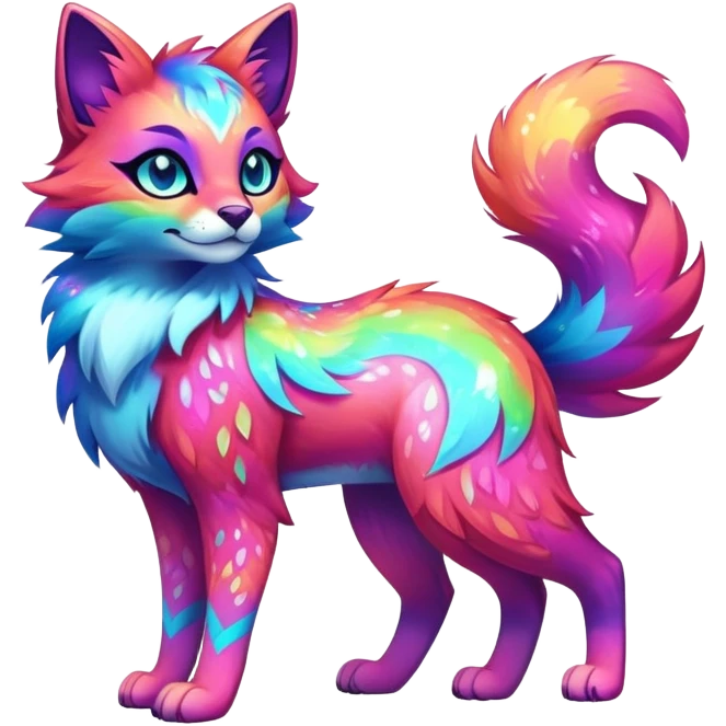 Vibrant multicolored neon-colored Falvie-Fionbri-creature-sparkle-feline-canine-hybrid-fursona, full body, fur pattern-markings emoji