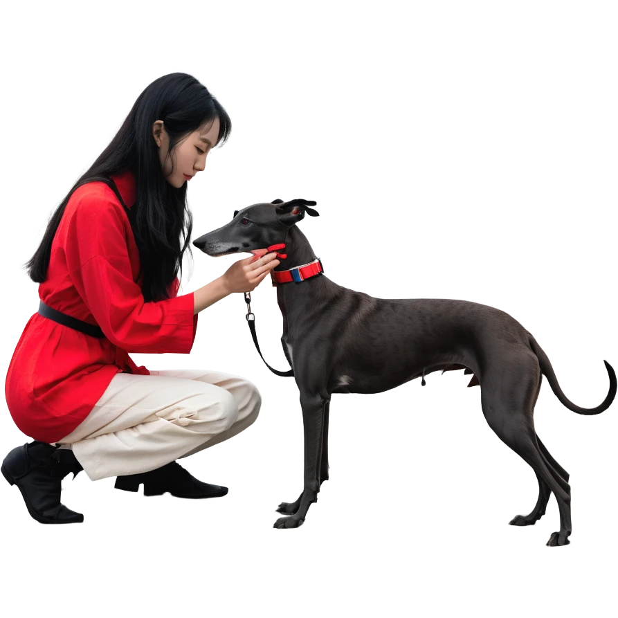 A very beautiful and attractive 25-year-old Japanese woman with long flowing black hair gently petting a PURE SOLID DARK GREY whippet wearing only a bright RED COLLAR on a beach at night under a starry sky. The whippet MUST be 100% SOLID DARK GREY with ABSOLUTELY NO WHITE MARKINGS ANYWHERE - specifically NO WHITE on face, NO WHITE on chest, NO WHITE on paws, NO WHITE anywhere - ENTIRELY ONE CONSISTENT SOLID DARK GREY COLOR throughout the entire dog from nose to tail tip. Only exception is the bright red collar. Deep blue night sky filled with bright stars, moonlight reflecting on the ocean, sandy beach in the foreground. emoji