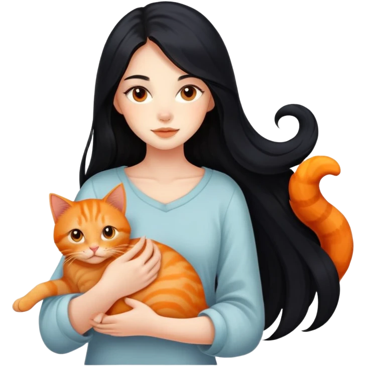 beautiful girl with flowing long black hair holding a cute orange ginger cat emoji