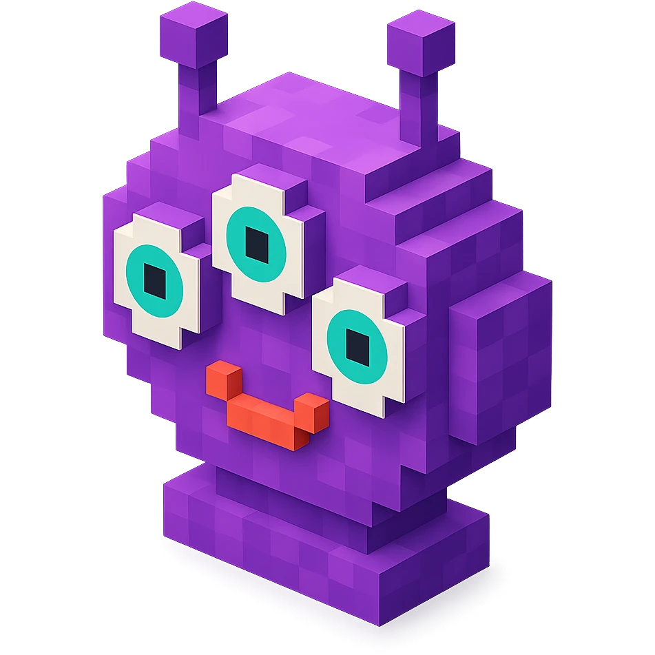 alien with three eyes, purple skin, isometric view emoji