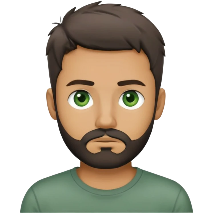 man with dark messy short hair, dark green eyes, gray T-shirt, and short beard emoji