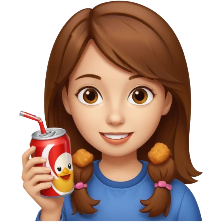 brown hair girl eating with mouth on the chicken nugget and holding a soda can emoji