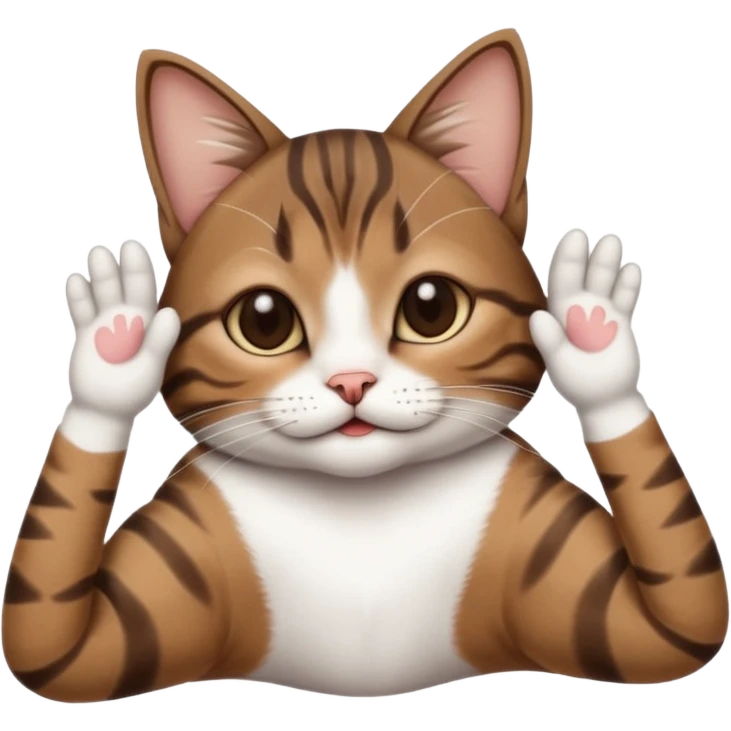 dark brown tabby and white small cat in funny positions upside down with paws covering eyes emoji