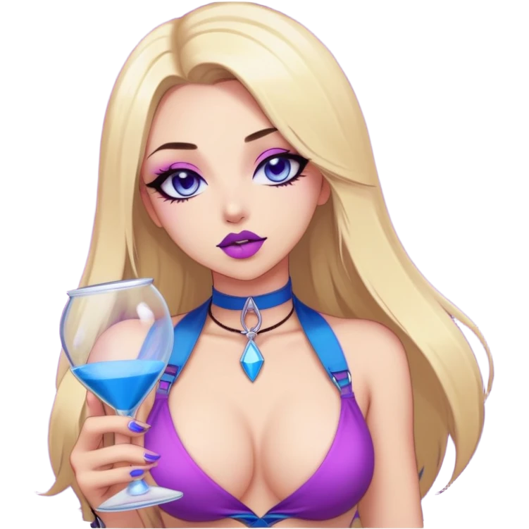 "Sticker with a full-length front view of a girl. Hourglass figure. Long straight blonde hair with blue tips. Light skin, erotic makeup with sharp eyeliner and purple lips, pink choker on the neck. Erotic pose, ahegao facial expression. Realistic style, clean neutral background." emoji