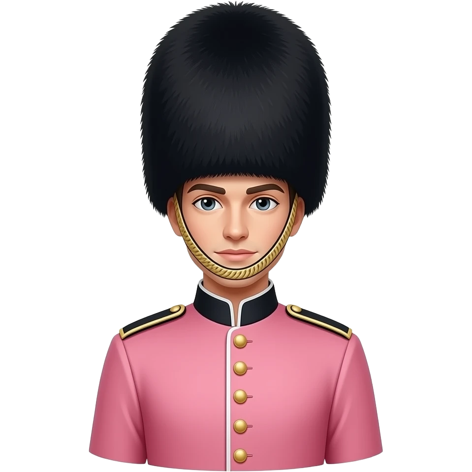 Fashion inspired British royal guard, isolated, centered, no background, tailored blush pink ceremonial coat, gold buttons, Long black hat, elegant London luxury aesthetic emoji