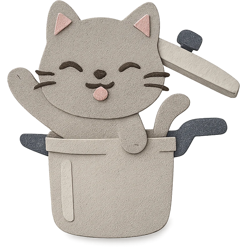 chibi pressure cooker cat popping out of the lid, playful expression, soft grey, full-body emoji