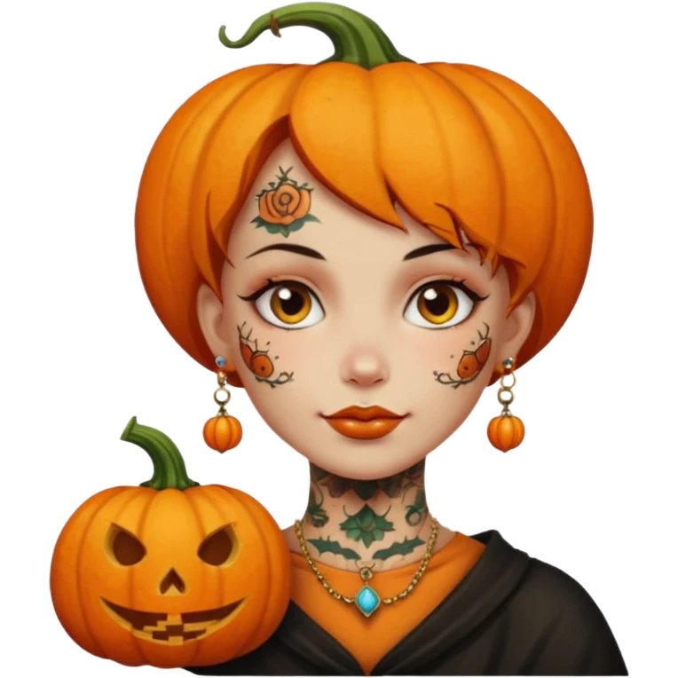 pumpkin head and face tattooed and extra big earing emoji