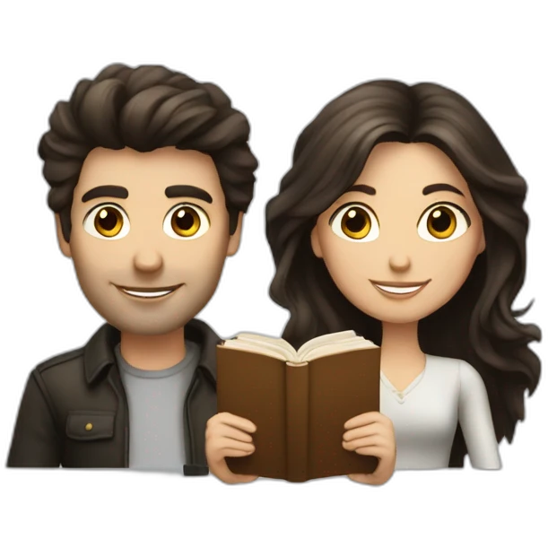 a brunette guy and long dark hair lady with a book emoji